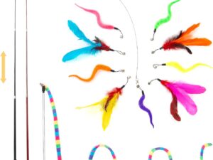 FYNIGO Cat Toys for Indoor Cats Adult Kitten, Interactive Cat Feather Wand Toys for Boredom and Exercise, 3 Teaser Wand with 9 Refills and 2 Spare Hook