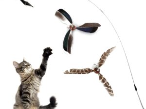 cobee Cat Wand Toys, Interactive Cat Toys with 2 Feather Refills, Cat Feather Propeller Wand Toy with Bell, Cat Feather Toys Replacement Refills, Indoor Cat String Toy for Kitten Training(Piebald)