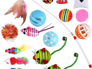 GOLDGE Cat Toys, Kitten Toys for Indoor, 16 Pcs Cat Interactive Toys Includes Cats Catnip, Balls, Mice, Feathers Wand Toys Set Gift for Cat and Kitty