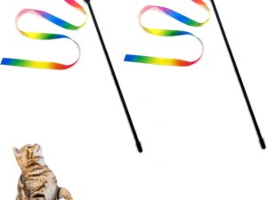 Cretty-Meet 2pcs Cat Wand Interactive Toy Colorful Fabric Ribbon Rainbow Cat String Toy Cat Teaser Wand for Kitten Exerciser Accessories Cat Training Playing Creative Funny Indoor Pet Interactive Toy