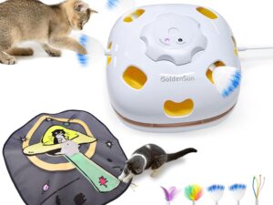 GoldenSun Cat Toy, Chargeable 4-in-1 Interactive Kitten Toys for Indoor Cats Self Play, Hide and Seek, Cat Wand Toy, Whack a Mole Exercise Cat Toys with 3Pcs DIY Replacement Feathers