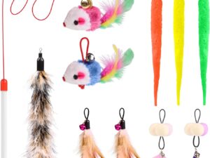 Tyaisoleil Cat Feather Toys, Interactive Cat Toys, Adjustable Sping Cat Teaser Wand with 10 pcs Teaser Accessories Replacements with Bell, Indoor Cat Toy Kitten Chase Motion